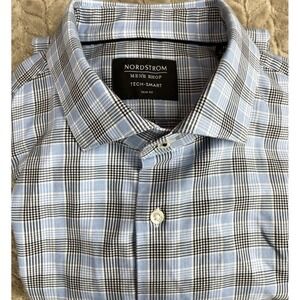 Nordstrom Shirt Men 16-32/33 Blue Plaid Tech Smart‎ Trim Fit Long Sleeve Button